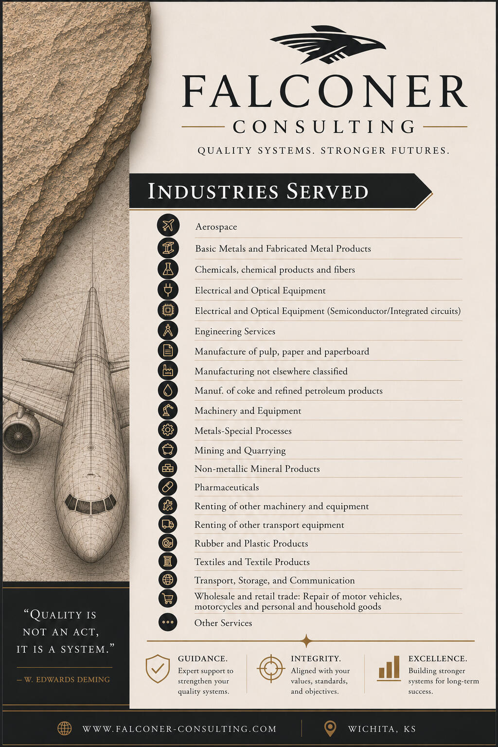 Falconer Consulting Industries Served Falconer Consulting flyer displaying industries served, including aerospace, engineering services, manufacturing, chemicals, machinery, metals, and quality systems support sectors.